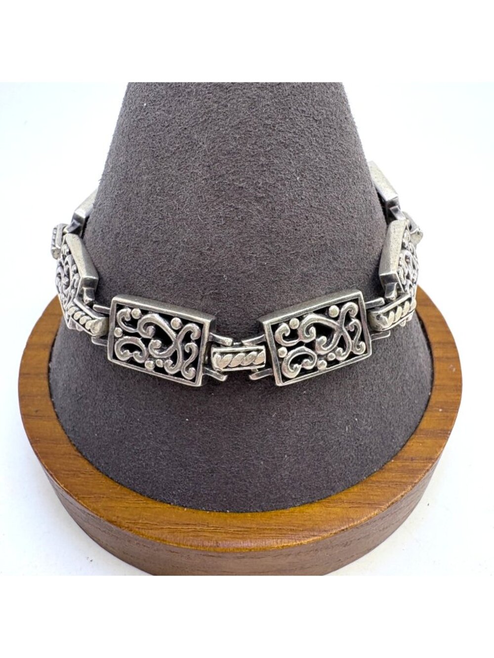 Sterling Silver 925 Scroll Design Link Bracelet Toggle Clasp Size 7.5" Length
